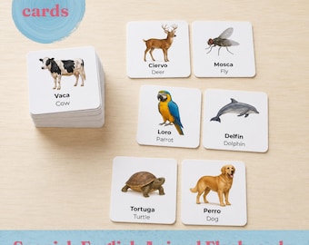 Tarjetas didácticas de animales en español e inglés / Tarjetas de aprendizaje bilingües para niños pequeños / Tarjetas de lenguaje Montessori imprimibles / Vocabulario infantil