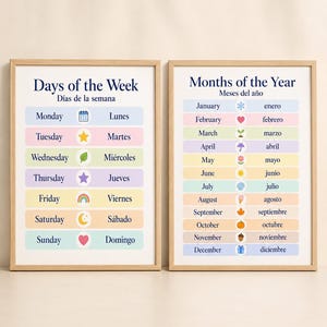 Puede incluir: Dos pósteres educativos en marcos de madera clara. El póster de la izquierda enumera los días de la semana en inglés y español con iconos coloridos. El póster de la derecha enumera los meses del año con iconos estacionales para cada mes.