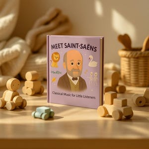 May include: A children's book titled "Meet Saint-Saëns" with an illustration of a man and cartoon animals. The book is surrounded by wooden toys, including cars and stacking blocks. The book's subtitle reads "Classical Music for Little Listeners."