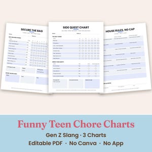 May include: Three white chore chart templates with black text and light blue accents. The charts are titled SECURE THE BAG, SIDE QUEST CHART, and HOUSE RULES, NO CAP. Each page features columns for daily tasks, weekly quests, and checkboxes for tracking progress.