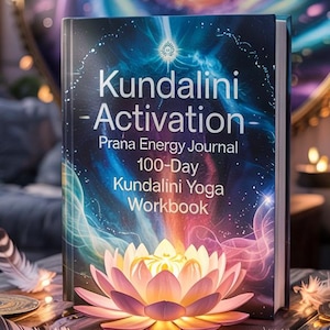 Könnte beinhalten: Ein Buch mit dem Titel "Kundalini Activation" mit einer Lotusblumen-Illustration, Federn und einem dekorativen Hintergrund. Das Buch ist ein Prana Energy Journal und ein 100-Tage Kundalini Yoga Workbook. Das Cover zeigt ein kosmische Design.