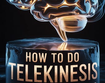 Może przedstawiać: Ilustracja świecącego mózgu z falami energii, umieszczona na ciemnym, teksturowanym cokole. Złoty tekst głosi "HOW TO DO TELEKINESIS" z dodatkowym tekstem poniżej. Obraz ma futurystyczny, naukowy motyw.