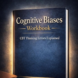 Op de afbeelding: Een donkerblauw boek met de titel "Cognitive Biases Workbook" met gouden letters. De ondertitel luidt "CBT Thinking Errors Explained". Extra boeken en een bril staan op de voorgrond. De kaft van het boek zegt ook "Identify & Rewire Mental Traps."