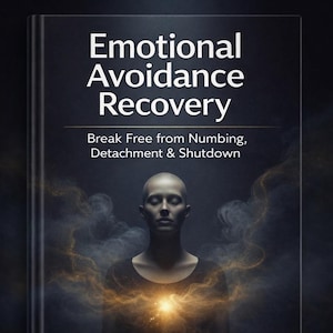 May include: Book cover titled "Emotional Avoidance Recovery" with the subtitle "Break Free from Numbing, Detachment & Shutdown." The image features a person with a glowing light emanating from their chest, surrounded by golden smoke.
