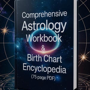 Puede incluir: Un libro titulado "Comprehensive Astrology Workbook & Birth Chart Encyclopedia" con un diseño cósmico. La portada presenta una nebulosa y el texto en blanco. El libro está sobre un fondo azul oscuro con símbolos astrológicos.