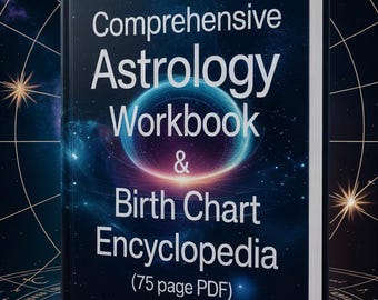 May include: A book titled "Comprehensive Astrology Workbook & Birth Chart Encyclopedia" with a cosmic design. The cover features a nebula and the text in white. The book is on a dark blue background with astrological symbols.