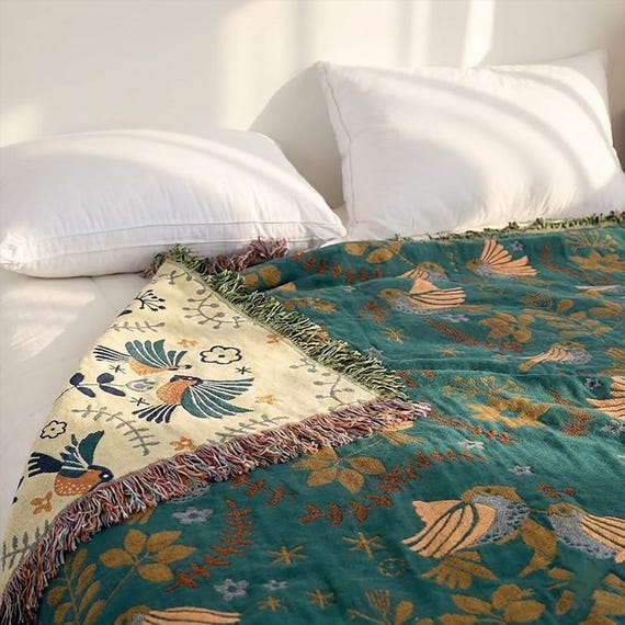 Reversible Nordic Boho Throw Blanket, Woven Cotton Sofa Cover, Scandi Bedspread Tassels, Floral Jacquard Couch Throw, Picnic Blanket Gift