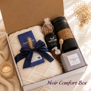 Congratulations gift box with cozy self care items including mug, blanket, candle, notebook and treats. Thoughtful celebration gift for new job, promotion, achievement, milestone, employee appreciation, coworker gift, thank you gift, personalized care package and encouragement gift for women and men.