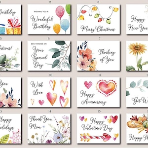 Puede incluir: Una colecci&oacute;n de diecis&eacute;is tarjetas de felicitaci&oacute;n con varios dise&ntilde;os y mensajes en acuarela. Las tarjetas presentan frases como "Feliz cumplea&ntilde;os", "Feliz Navidad" y "Feliz D&iacute;a de Acci&oacute;n de Gracias". Cada tarjeta tiene un fondo blanco con ilustraciones florales o festivas.