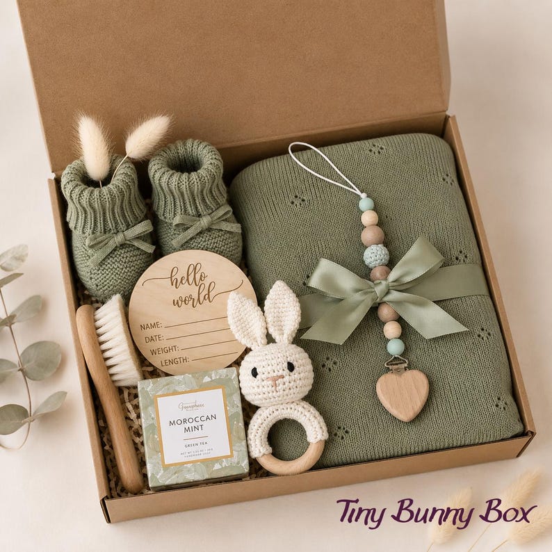 Curated newborn baby gift box with soft neutral and sage details, cozy baby essentials, bunny-inspired keepsakes, and thoughtful gifts for new parents. A beautiful baby shower gift basket, welcome baby gift box, new baby gift basket, new mom gift box, mom and baby gift, postpartum gift basket, and gender neutral baby gift for a newborn baby boy or girl.