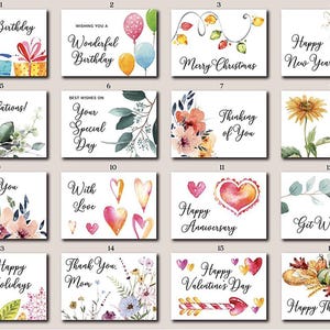 Op de afbeelding: Een verzameling van zestien rechthoekige wenskaarten met aquarelillustraties en zwarte cursieve tekst. De ontwerpen bevatten verjaardagscadeaus, ballonnen, kerstverlichting, bloemen, harten en seizoensgebonden thema's met diverse teksten.