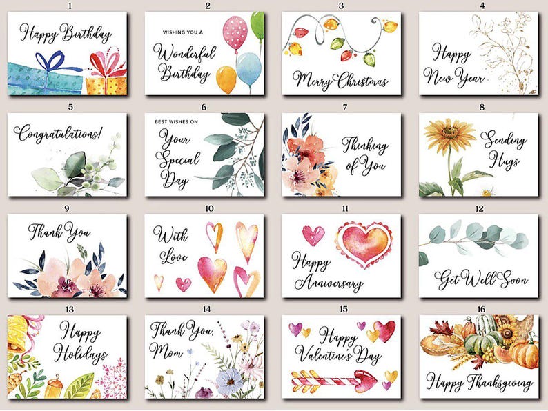 Op de afbeelding: Een verzameling van zestien rechthoekige wenskaarten met aquarelillustraties en zwarte cursieve tekst. De ontwerpen bevatten verjaardagscadeaus, ballonnen, kerstverlichting, bloemen, harten en seizoensgebonden thema's met diverse teksten.