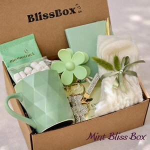 以下が含まれることがあります： BlissBoxと書かれた段ボール製のギフトボックス。ミントグリーンの幾何学模様のマグカップ、Moonstruckのマシュマロ、ミントグリーンのノート、花の形をしたヘアクリップ、ラインストーンのクマのキーホルダー、緑のリボンが付いた白いふわふわの靴下が入っています。