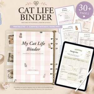 May include: A Cat Life Binder printable pet planner and memory journal featuring a pink and white checkered cover with cat illustrations. The set includes over 30 pages for tracking health, daily routines, and memories, compatible with note-taking apps.