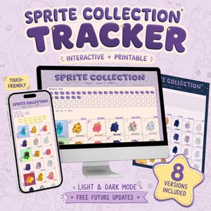 May include: A digital sprite collection tracker displayed on a smartphone and a computer monitor, alongside a printable sheet. The interface features purple text, progress bars, and colorful sprite icons. A star-shaped badge indicates 8 versions included.