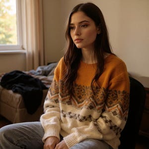 May include: An orange, cream, and brown patterned sweater. The sweater has a round neckline and long sleeves. The design features geometric and floral patterns. The person is wearing blue jeans.