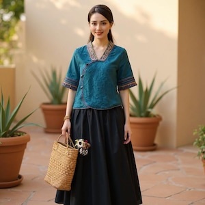May include: A woman in a teal top with embroidered detailing and a black skirt, holding a woven straw handbag with flowers. The outfit is suitable for casual or semi-formal occasions. The top has short sleeves.