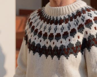 Jersey de punto Fair Isle para hombre / Jersey nórdico de punto / Jersey de punto de cuello redondo de estilo vintage / Prenda de punto cálida y cómoda de talla grande para invierno y otoño