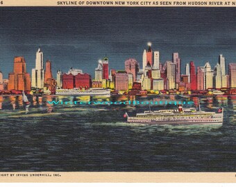 New York City from Hudson River at night Linen Post Card
