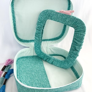 Puede incluir: Un estuche de proyecto de bordado abierto, de color verde azulado, con un bastidor a juego. El estuche está forrado con tela blanca y tela estampada verde azulado. Se ven hilos de bordar en tonos azules y rosas, junto con accesorios de madera.