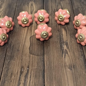 Set of 8 Pink Ceramic Flower Drawer Knobs, Coral Pink Cabinet Pulls, Cottagecore Floral Hardware, Shabby Chic Boho Dresser Knobs, NOS India.