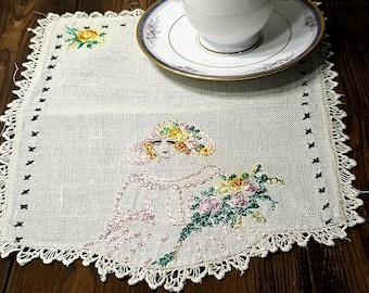 Vintage Embroidered Linen Set of 2 Sunbonnet Girl Doilies Cottagecore Floral Table Decor 9x12 Handmade