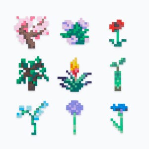 May include: A collection of nine pixel art plant and flower designs arranged in a grid. Each figure is constructed from small square blocks in various colours including pink, brown, green, red, yellow, purple, and blue, depicting botanical shapes.