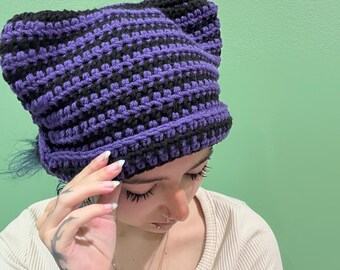 Oversized Crochet Cat Ear Beanie: Handmade Purple & Black Kitty Hat