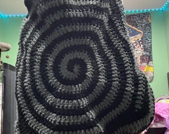 Crochet Black & Gray Spiral Tote Bag, Lined Market Bag