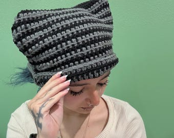 Oversized Crocheted Cat Ear Beanie: Black and Gray Kitty Hat