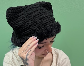 Crocheted Kitty Cat Beanie: Black Faux Fur Ears