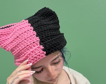 Crocheted Cat Ear Beanie: Handmade Pink and Black Split Kitty Hat