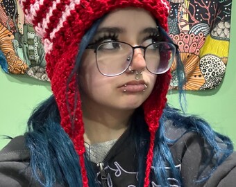 Crocheted Cat Ear Beanie Pink & Red Heart Design