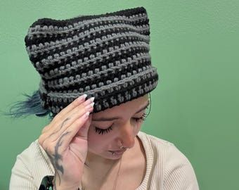Crocheted Cat Ear Beanie: Handmade Black and Gray Kitty Hat