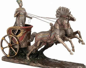 Estatua de carro de Nefertiti / Reina del antiguo Egipto / Auriga con acabado en bronce / Decoración de caballo real