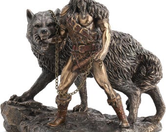 Estatua de Tyr y Fenrir pintada a mano / Dios nórdico de la justicia / Decoración de altar vikingo / Figura de lobo Fenris