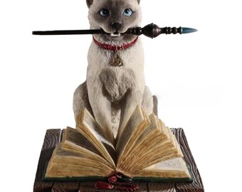 Estatua de gato brujo con varita / Figura de familiar felino / Decoración wiccana para el hogar