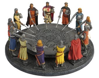 Figura del Rey Arturo con los 12 Caballeros de la Mesa Redonda / Decoración de leyenda medieval / Objeto de colección mitológico