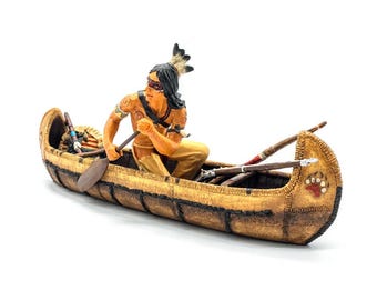 Estatua de un jinete de canoa nativo americano / Decoración del hogar occidental / Guerrero tribal en bote / Arte indígena de bronce fundido en frío