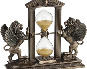 Reloj de arena con leones alados / Temporizador de arena dorado / Estatua de león veneciano / Decoración de escritorio de estilo antiguo