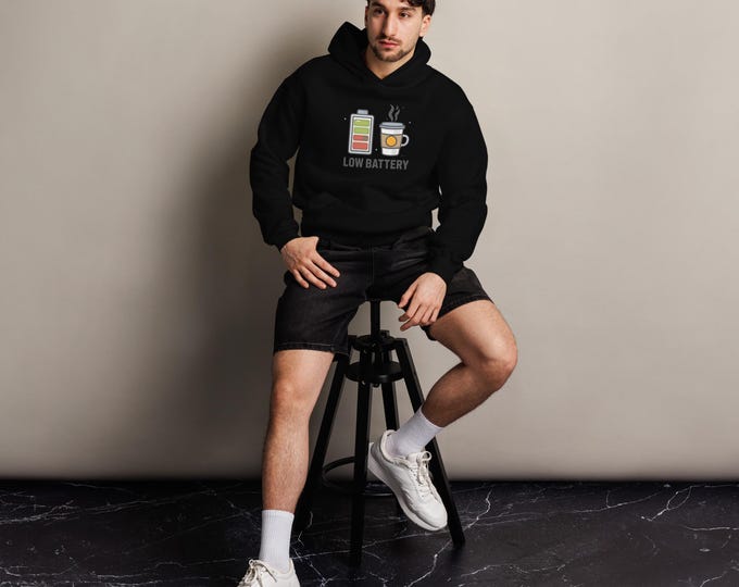 Coffee Lover Hoodie – “Low Battery” Funny Quote Oversized Sweatshirt, Unisex Cotton Blend Pullover, Relaxed Fit Cozy Gift for Students
