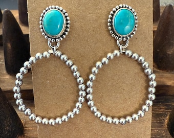 Handmade Turquoise & Sterling Silver Pearl Hoop Earrings