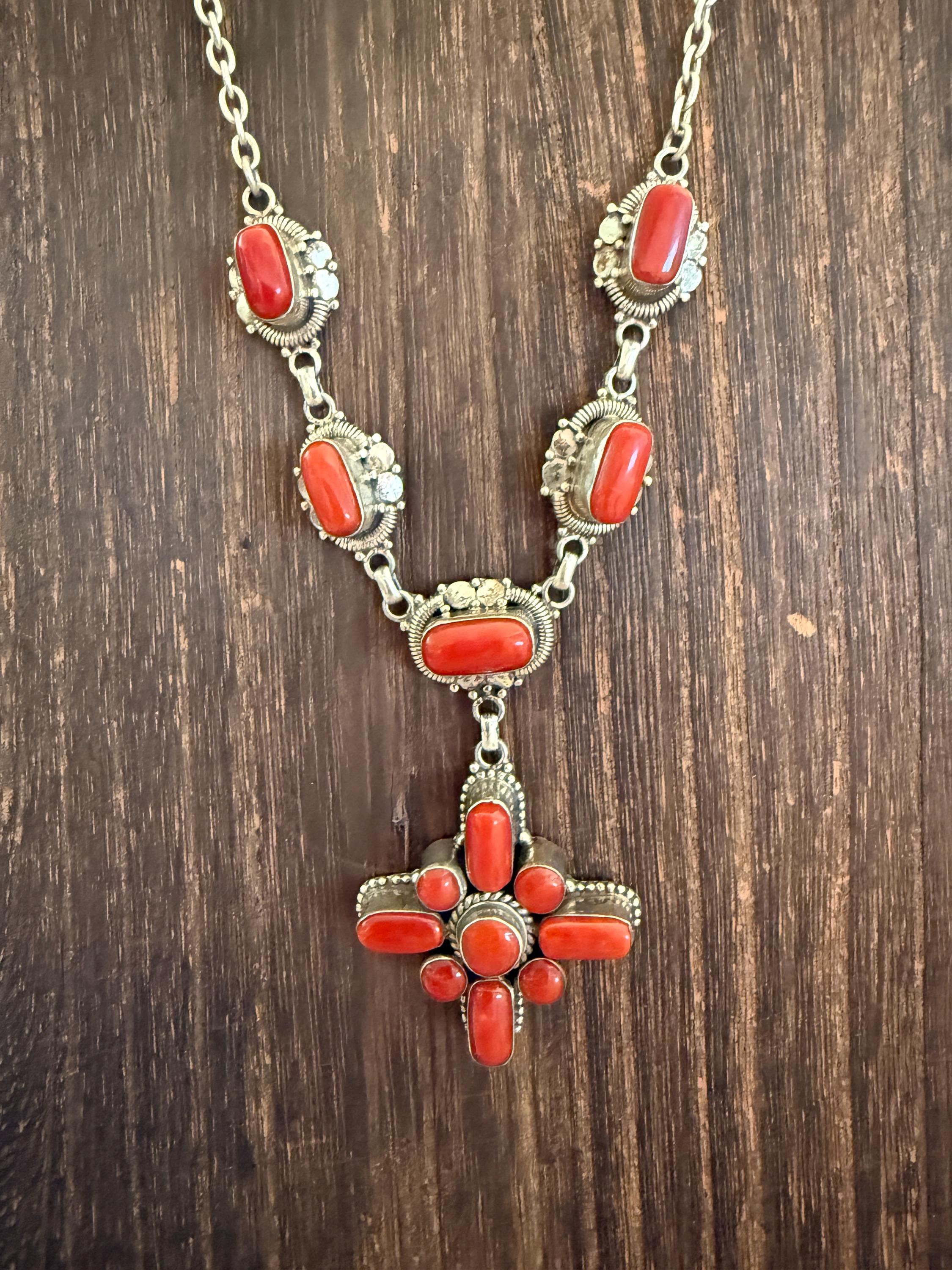 Collier Ancien En Argent Sterling Et Corail - Bijou Antique Vintage - Occasion