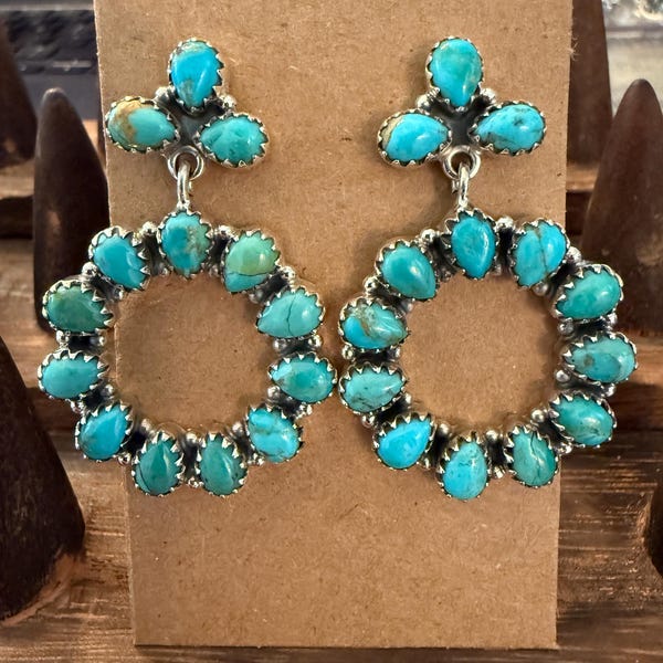 Handmade Turquoise Cluster Hoop Earrings – Sterling Silver, Native Style