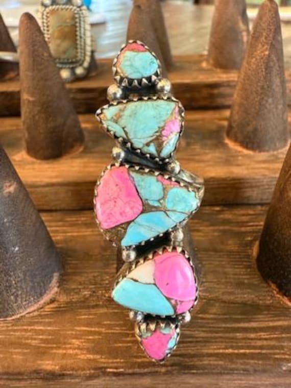 Cotton Candy Turquoise Crawler Statement Ring - S… - image 1