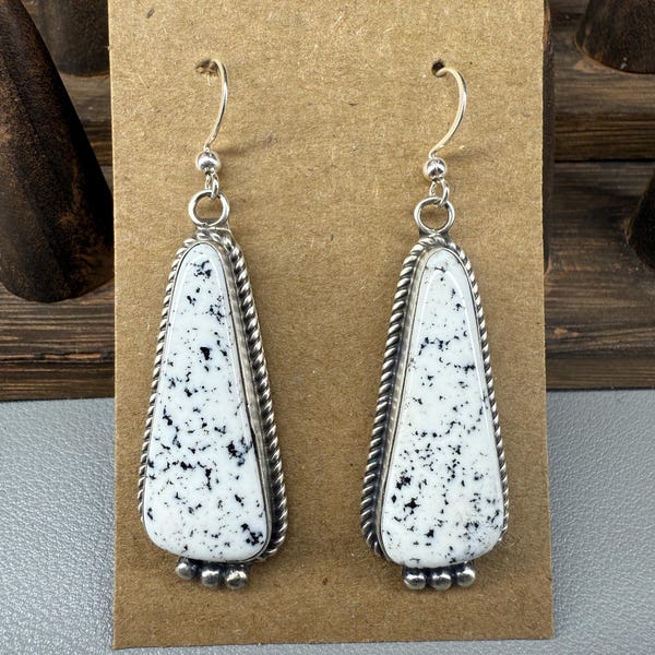 Native Handmade White Buffalo and Sterling Silver Dangle Earrings Signed J By Judith Dixon