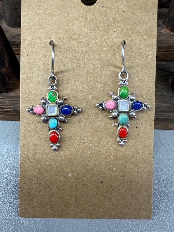 Native Signed Multi gemstone Cross Dangles - image 1
