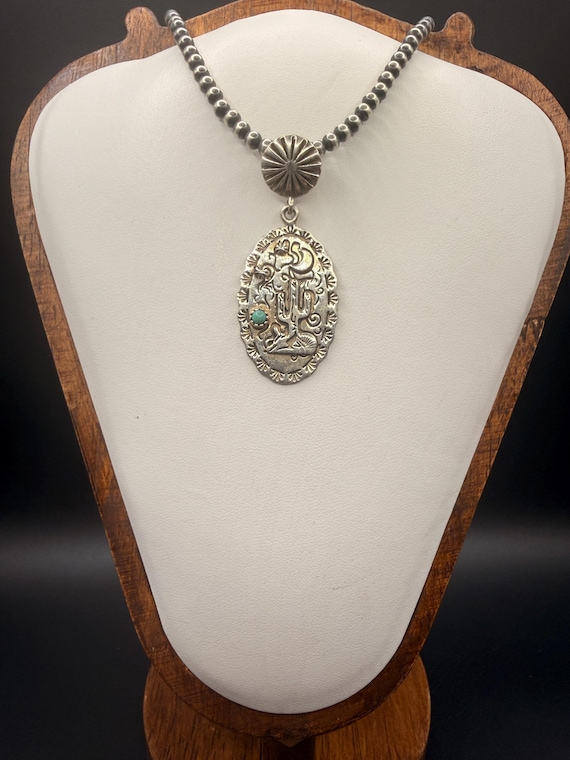 Southwestern Sterling Cactus Turquoise Pendant