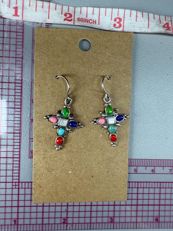 Native Signed Multi gemstone Cross Dangles - image 4