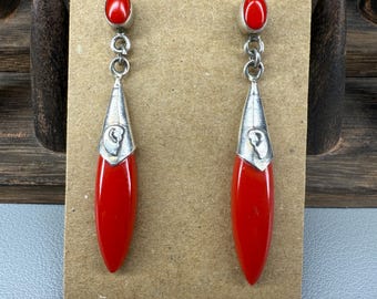 Red Coral and Sterling Silver Dangle Earrings